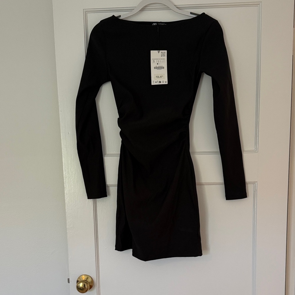 Zara Black Long-Sleeve Ruched Mini Dress